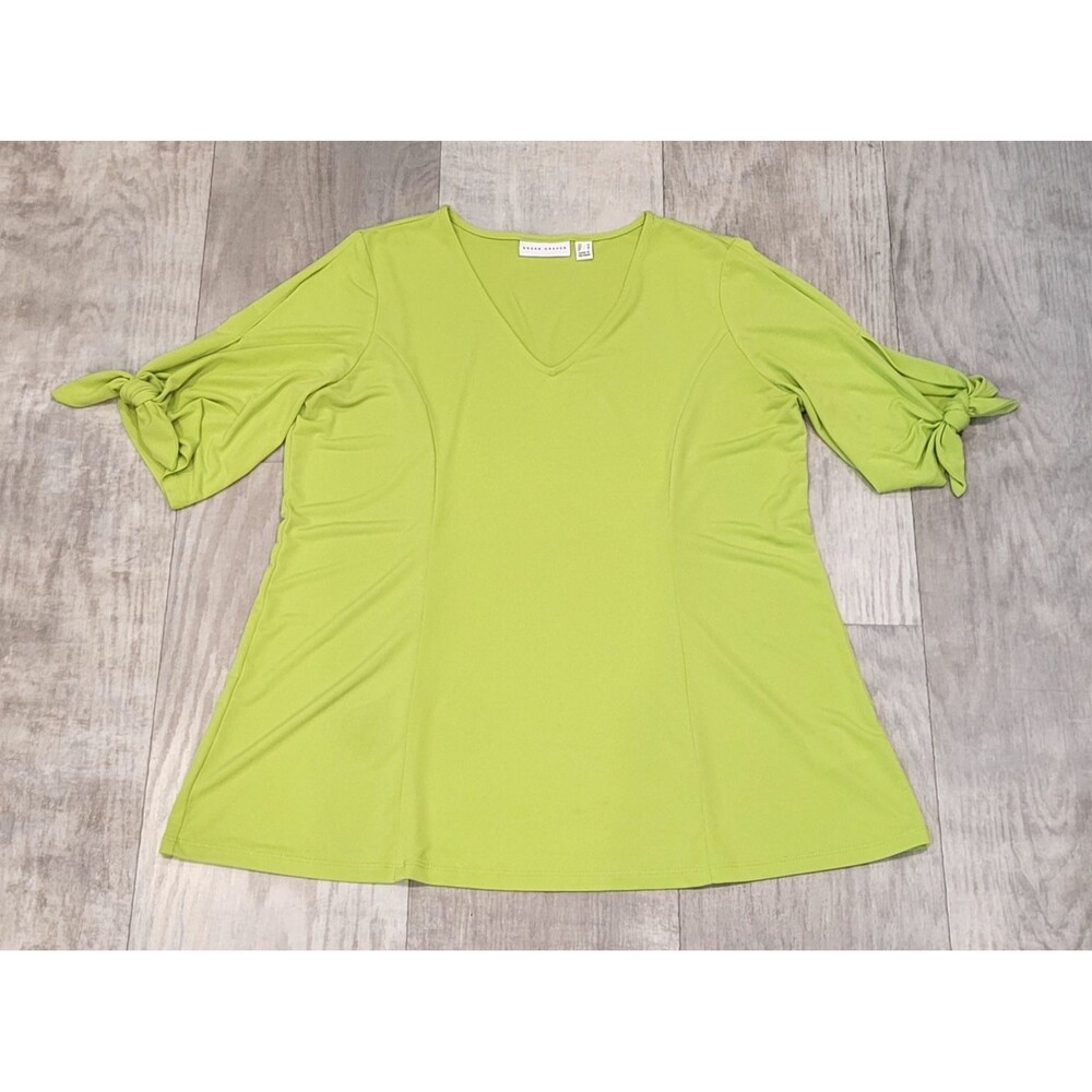 Susan Graver Liquid Knit Lime Green V-Neck Blouse Split Short Sleeve Tie Stretch